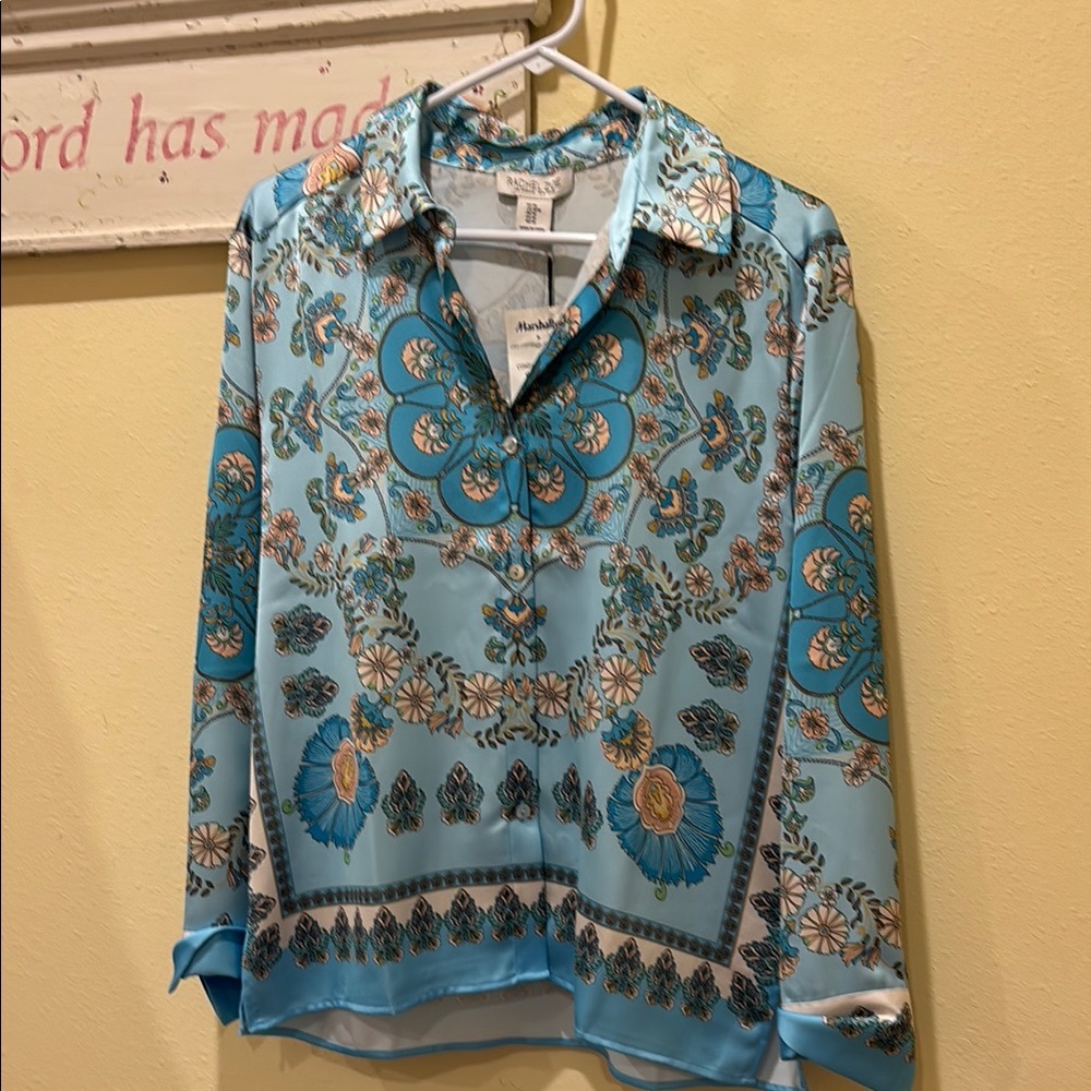 Blue Patterned Long Sleeve Blouse